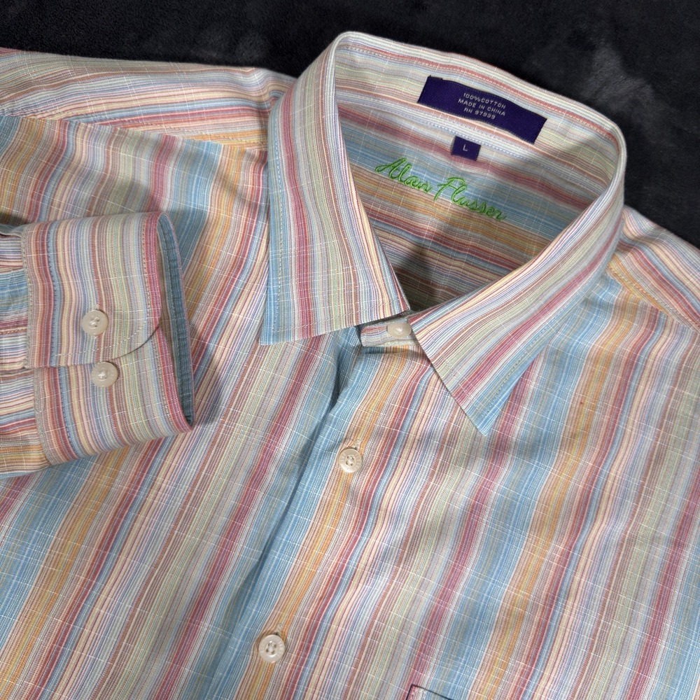 Alan Flusser Colorful Striped Check Long Sleeve Shirt Mens Size Large Button Up